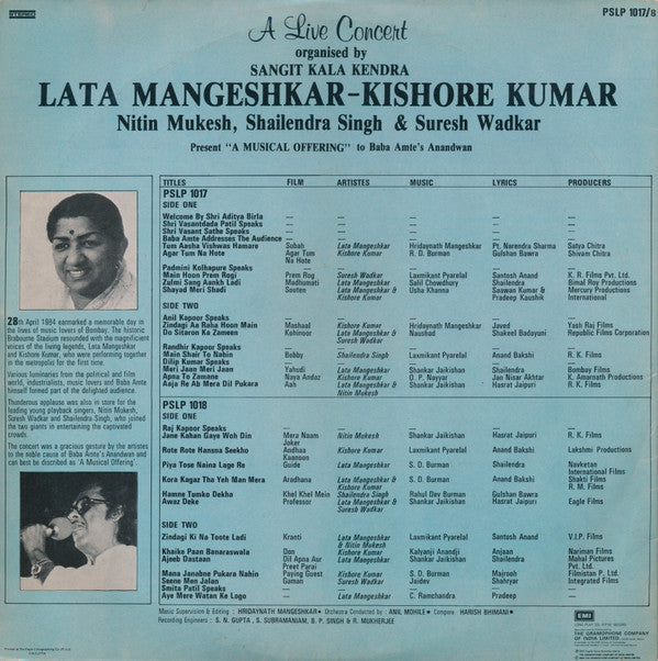 Lata Mangeshkar - Kishore Kumar, Nitin Mukesh, Shailendra Singh & Suresh Wadkar - A Live Concert Organised By Sangit Kala Kendra ("A Musical Offering" To Baba Amte's Anandwan) (Vinyl) (2)